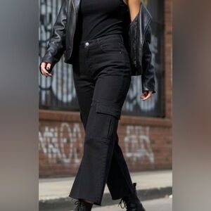 Annie Wear Raw Hem Black Cargo Wide Leg Cropped Jeans Edgy Utility Streetwear